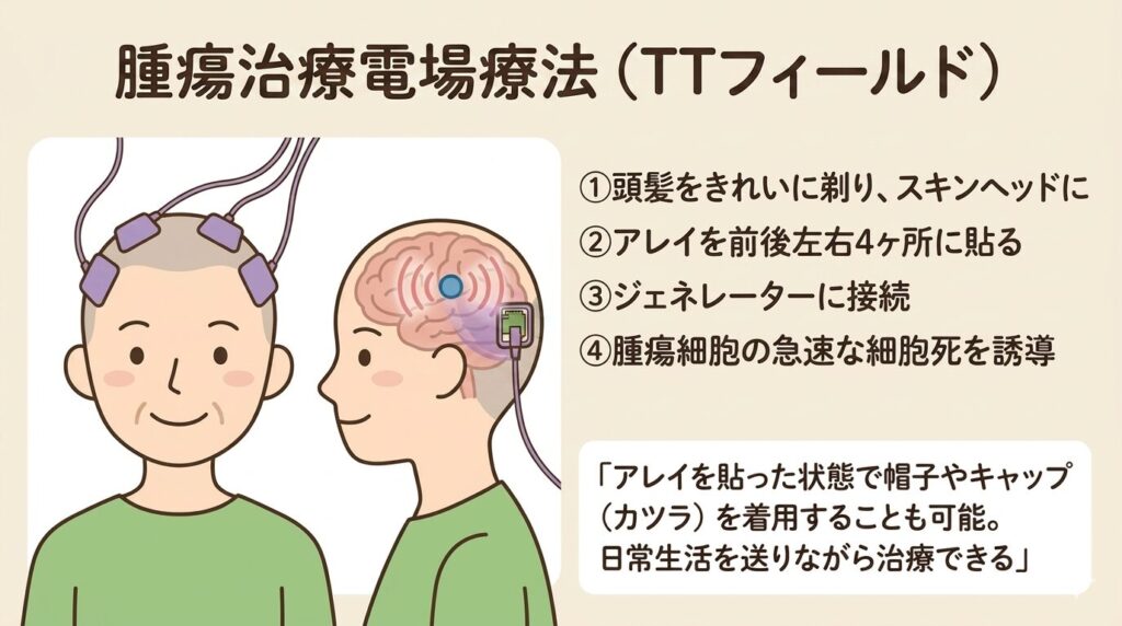 腫瘍治療電場(TTFields)療法のイラスト:頭髪を剃った頭皮に4つのアレイ(電極パッド)を貼り、ジェネレーターに接続して腫瘍細胞の分裂を妨げる仕組み